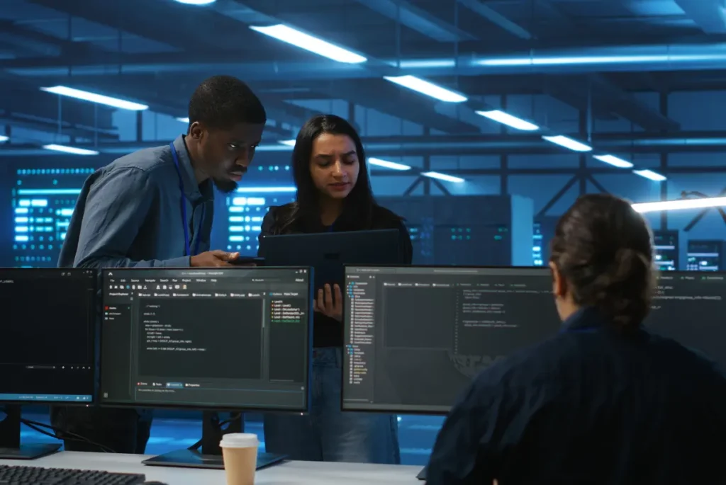 Two individuals focused on their computers, collaborating on cybersecurity best practices in a modern office setting.