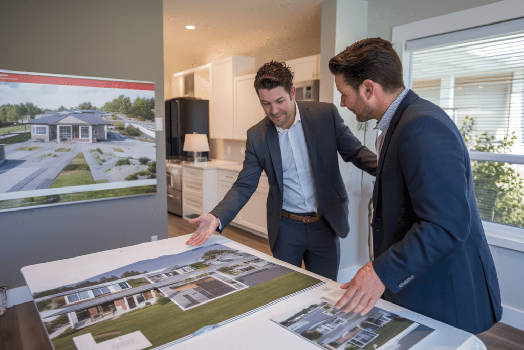 Two men in suits examine a house blueprint, discussing details related to outsourcing in the Philippines.