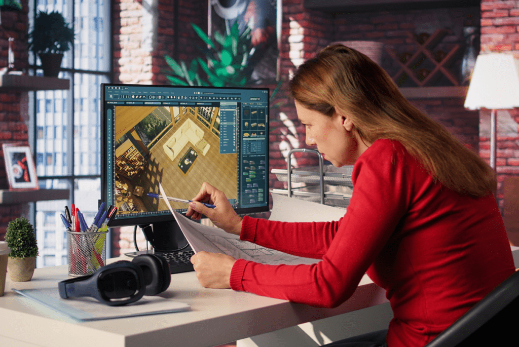 A woman edits real estate photos on a computer, seated in front of a large window with natural light streaming in.