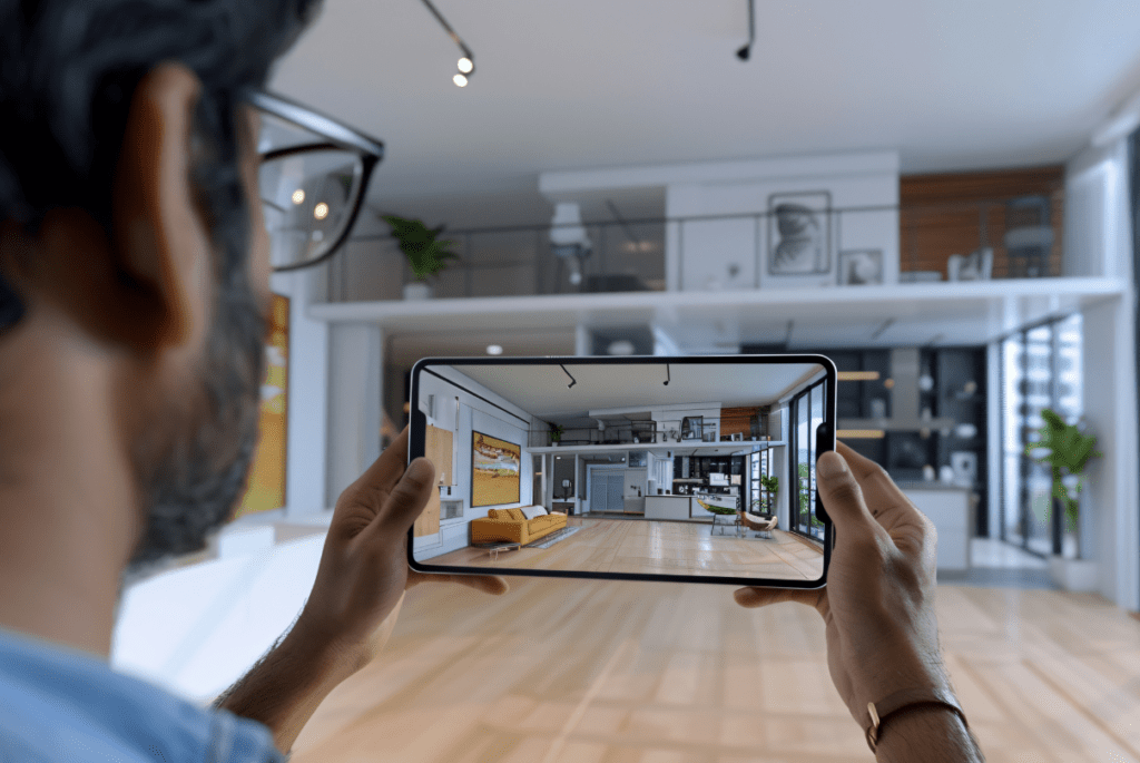 A man holds a tablet displaying a virtual reality app for virtual staging in the Philippines.