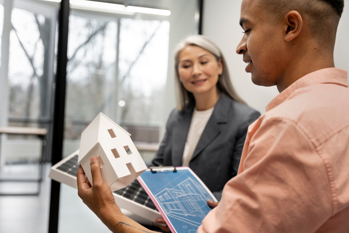 A man and woman examine a model house, discussing real estate outsourcing services.