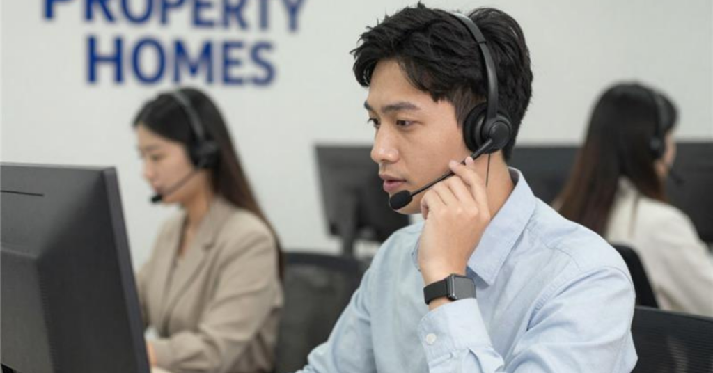 Image of man and woman wearing headphones answering a call in a remote work set-up