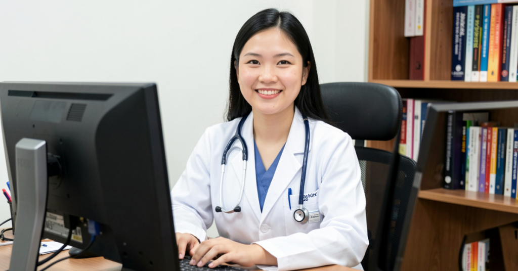 Female in white coat smiling in front of a computer