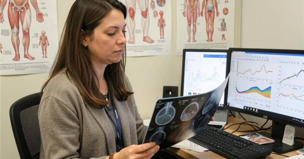 Image of a woman in an indoor setting holding a medical image in front of two desktops displaying medical statistics