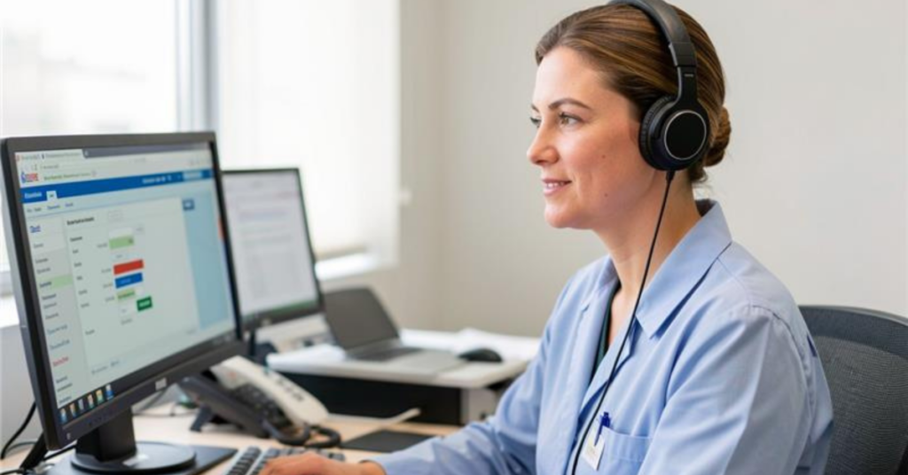 The image depicts a woman in an indoor setting dressed in a blue outfit facing the desktop while wearing a pair of headphones