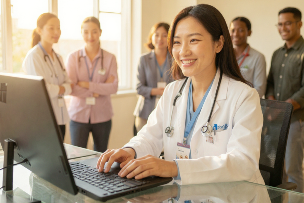 An image of a female doctor and her team in an office setting