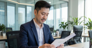 Image shows a man in an indoor setting holding a paper
