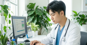 Doctor entering patient data into electronic data capture systems at a clinical workstation