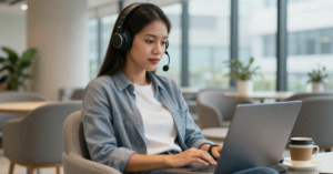 Professional working remotely with a headset and laptop, representing offshore teams in the age of AI as businesses combine human expertise with AI-enabled workflows, customer support, and knowledge-based operations in modern offshore environments.