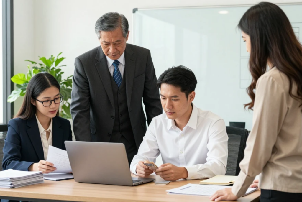 Finance team discussing financial reports and accounting tasks during an office meeting.