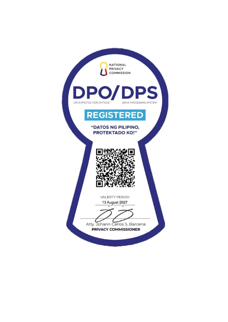 National Privacy Commission DPO/DPS Registered Seal for One CoreDev IT Inc., indicating registered Data Protection Officer and Data Processing System, with validity through August 13, 2027.