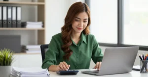 Offshore accounting professional supporting finance operations with laptop and calculator in an office