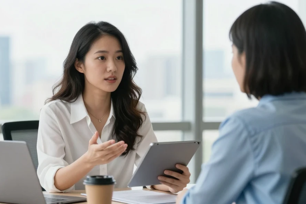 Business professionals discussing employment and workforce solutions in a meeting, illustrating employer of record Philippines cost considerations.