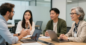 Business professionals discussing employment solutions around a conference table, illustrating employer of record Philippines cost considerations.
